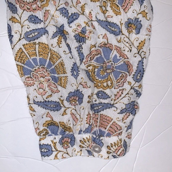 Lucky Brand size SP blouse blue & ivory BOHO 3/4 sleeves w keyhole & tassel ties - Picture 14 of 15
